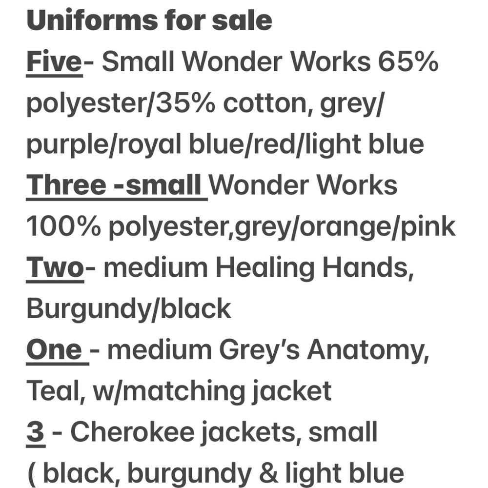 11 Scrub Suits and 4 jackets! Multiple colors.